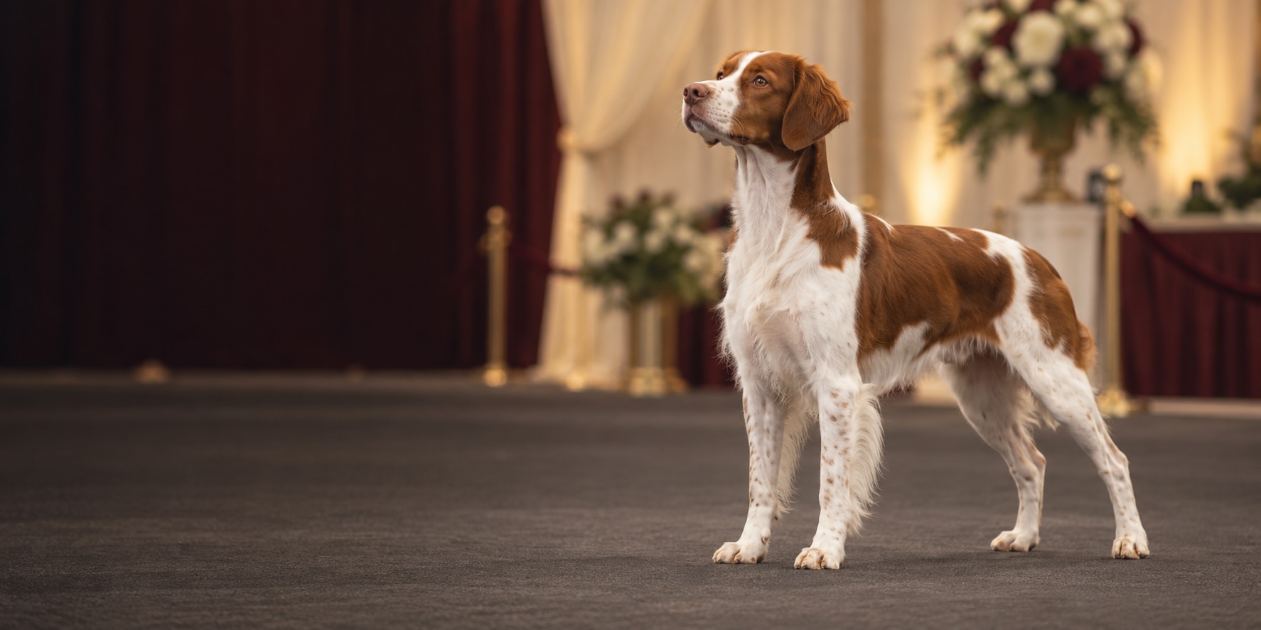 Orange-and-white Brittany posed in a formal show ring.